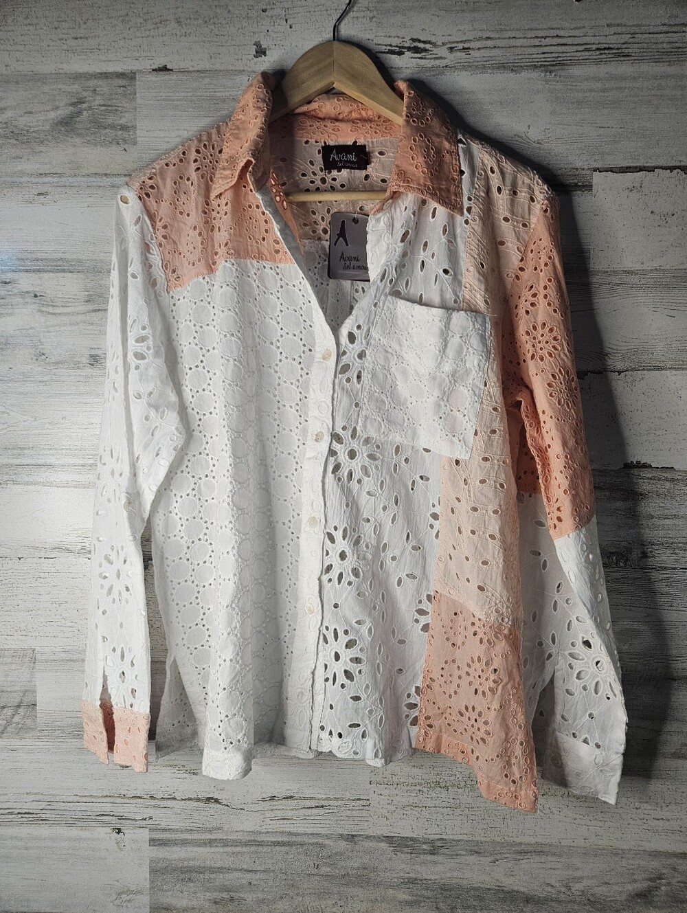 NEW Avani del amour Eyelit Patchwork Shirt Peach Pink White Beach Womens Small